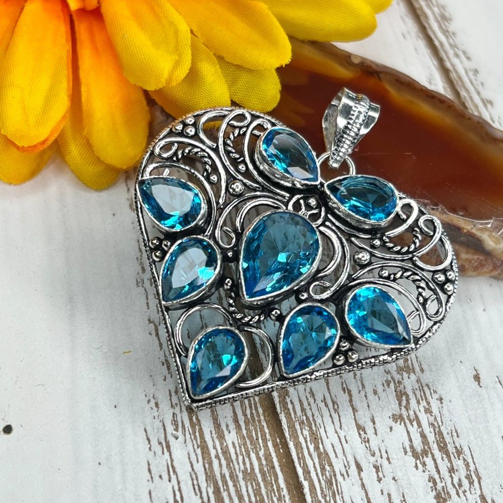 Heart Pendant Blue Topaz Large Handmade Statement 924 Stamped Bohemian Sparkler - Picture 6 of 7